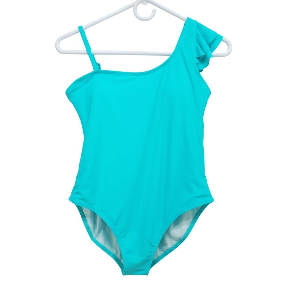 One-Shoulder Turquoise Girls Swimsuit With Ruffle Accent Size 14y